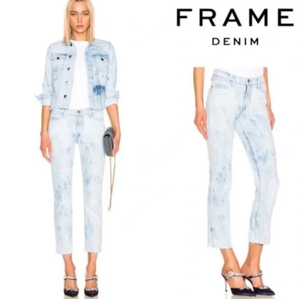 Frame le high straight jeans in tie-dye blue, Womens size 26